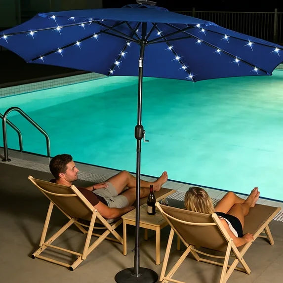 HaiNova 9ft Solar Patio Umbrella, Tilt Adjustment LED Outdoor Umbrella with 8 Reinforced Ribs for Garden, Backyard, Pool, Deep Blue
