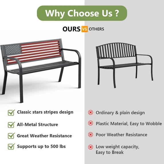 HaiNova Metal Outdoor Bench, 47in Patio Garden Benches with National Flag Pattern Backrest for Backyard, Lawn, Deck, Porch, Park, Red