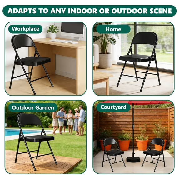 HaiCube 8-Pack PU Leather Padded Folding Chair, Heavy Duty Portable Folding Chair with Metal Frame, No Assembly Indoor Chair, Black