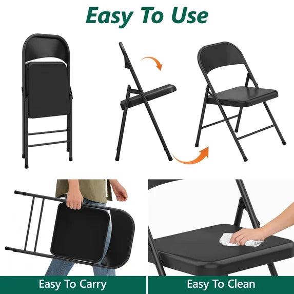 HaiNova All Iron Steel Folding Chair 4 Pack,Durable Portable,Capacity 350 lbs, Indoor/Outdoor Dual-Use Seating for Various Occasions, Black