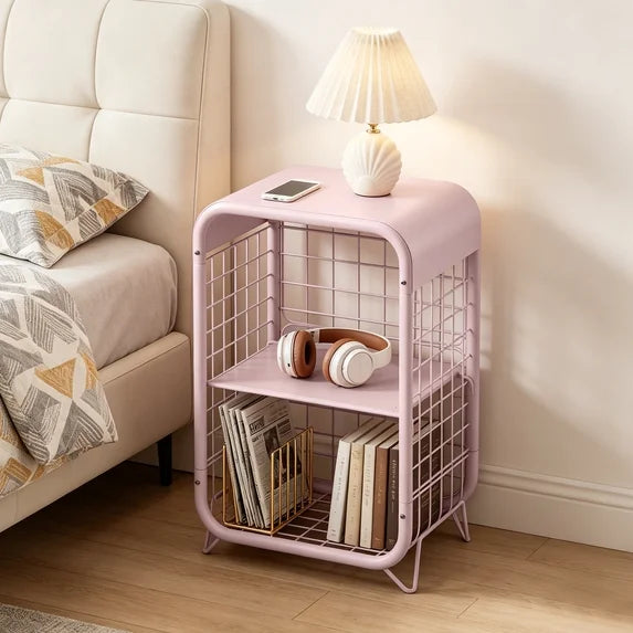 HaiNova 3-Tier Metal Wire Nightstand ,Kids End Table with Anti-Collision Fillet Design ,Sturdy Side Table for Bedroom ,Bathroom ,Living Room & Small Spaces ,Pink