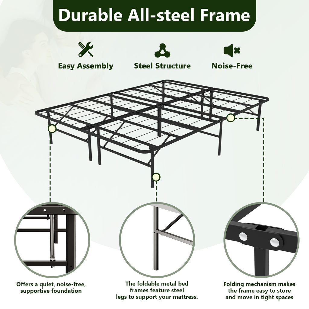 WASUHE 14" Height Queen Bed Frame, Heavy Duty Foldable Metal Platform Bed Frame with Underbed Storage for Bedrooms, No Box Spring Needed, Black