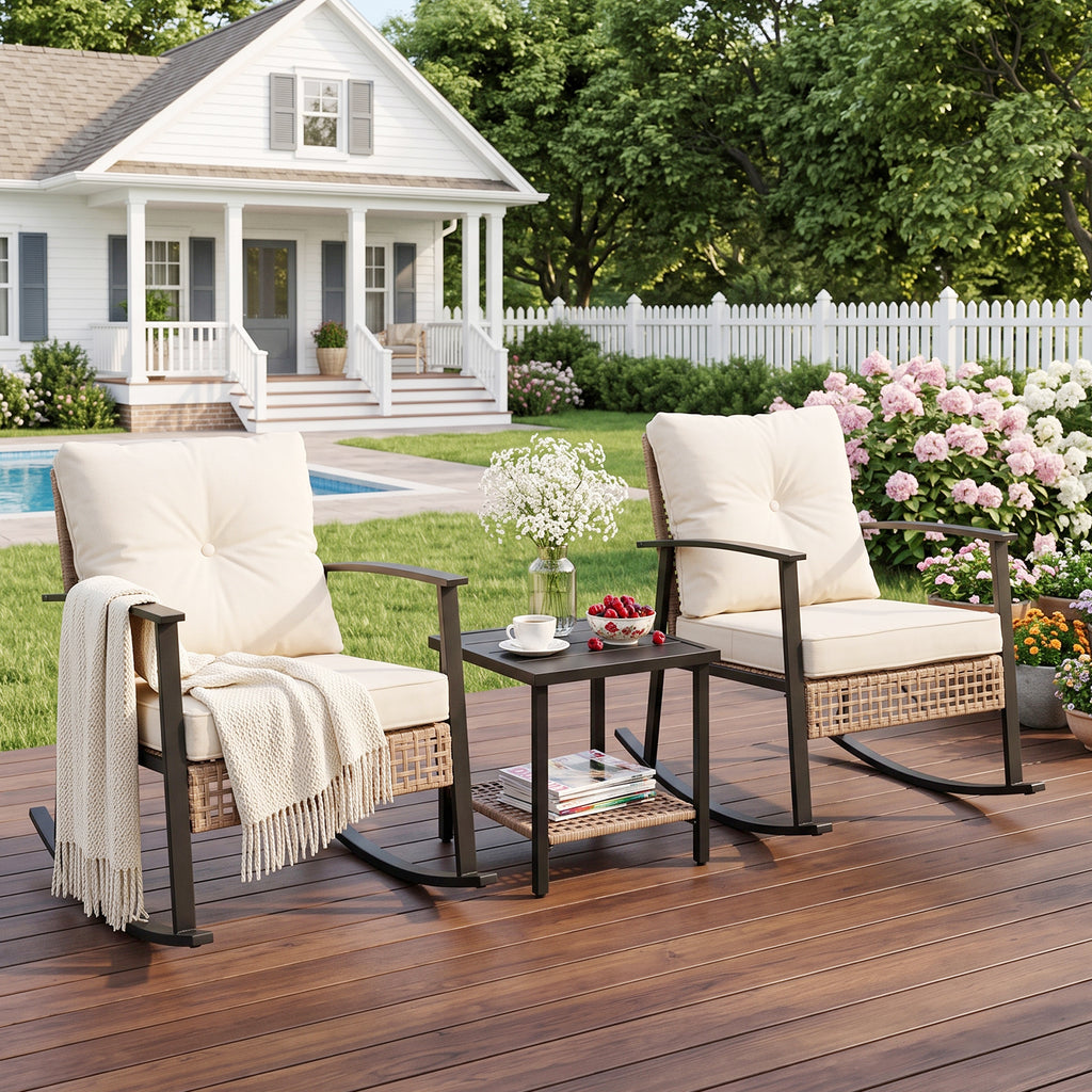 WASUHE 3 PCS Wicker Rocking Chair with Thick Cushions, Ergonomic Back Armrest Rocker Chairs for Porch Backyard Lawn Garden, Beige