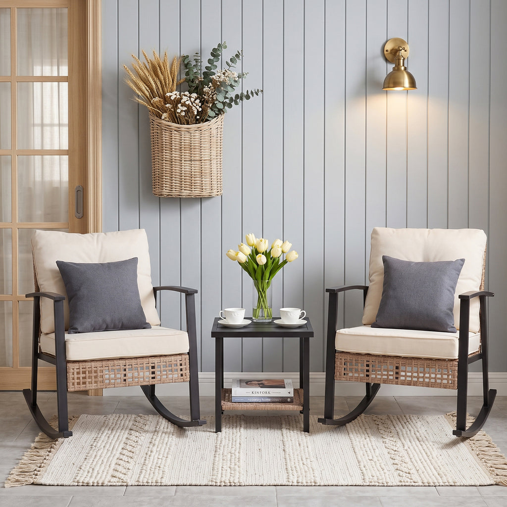 HAIMULI 3 Pieces Outdoor Wicker Rocking Chair Set, Patio Rattan Rocker Chair with Cushions & Steel Frame, All-Weather Rocking Lawn Wicker Furniture for Garden Backyard Porch (Gray)