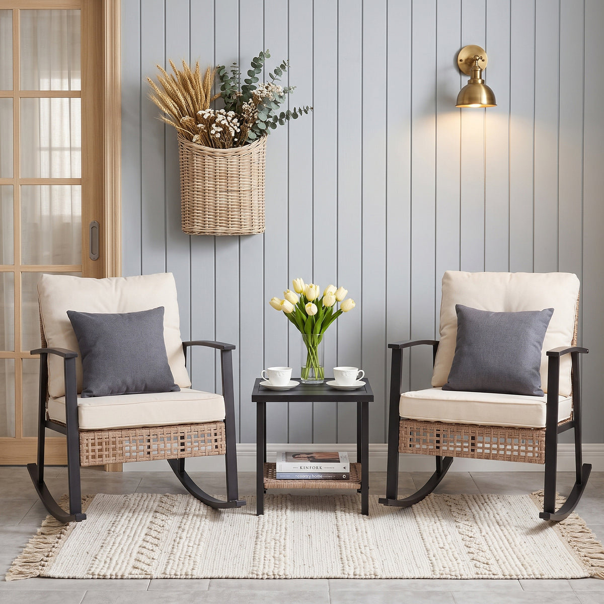 HAIMULI 3 Pieces Outdoor Wicker Rocking Chair Set, Patio Rattan Rocker Chair with Cushions & Steel Frame, All-Weather Rocking Lawn Wicker Furniture for Garden Backyard Porch (Gray)
