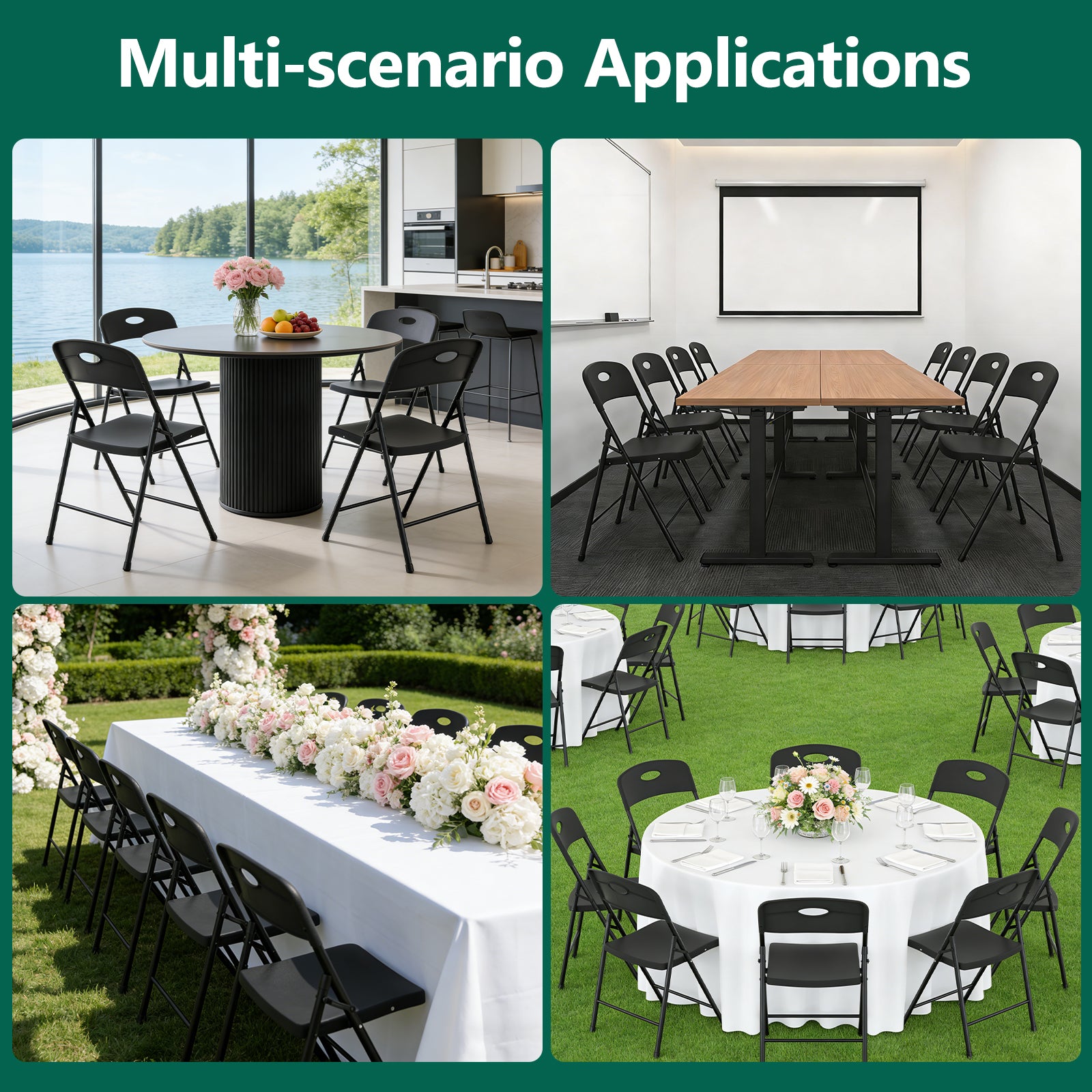 WASUHE Black Folding Chairs with Enhanced Iron Frame, Outdoor Plastic Stackable Foldable Chairs for Outside, Indoor, Party, Wedding, Meeting Room, Patio, Garden, Weight Capacity 350 lbs