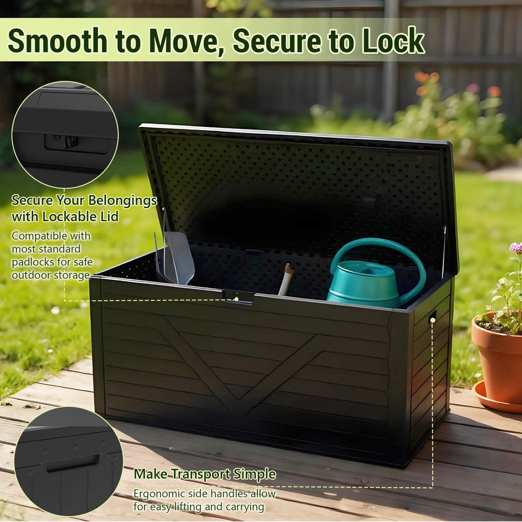 WASUHE 260 Gallon Outdoor Storage Box, Large Resin Deck Boxes Outdoor Waterproof, Deck Storage Box for Patio Furniture Outdoor Cushions, Throw Pillows, Garden Tools and Pool Floats, Black