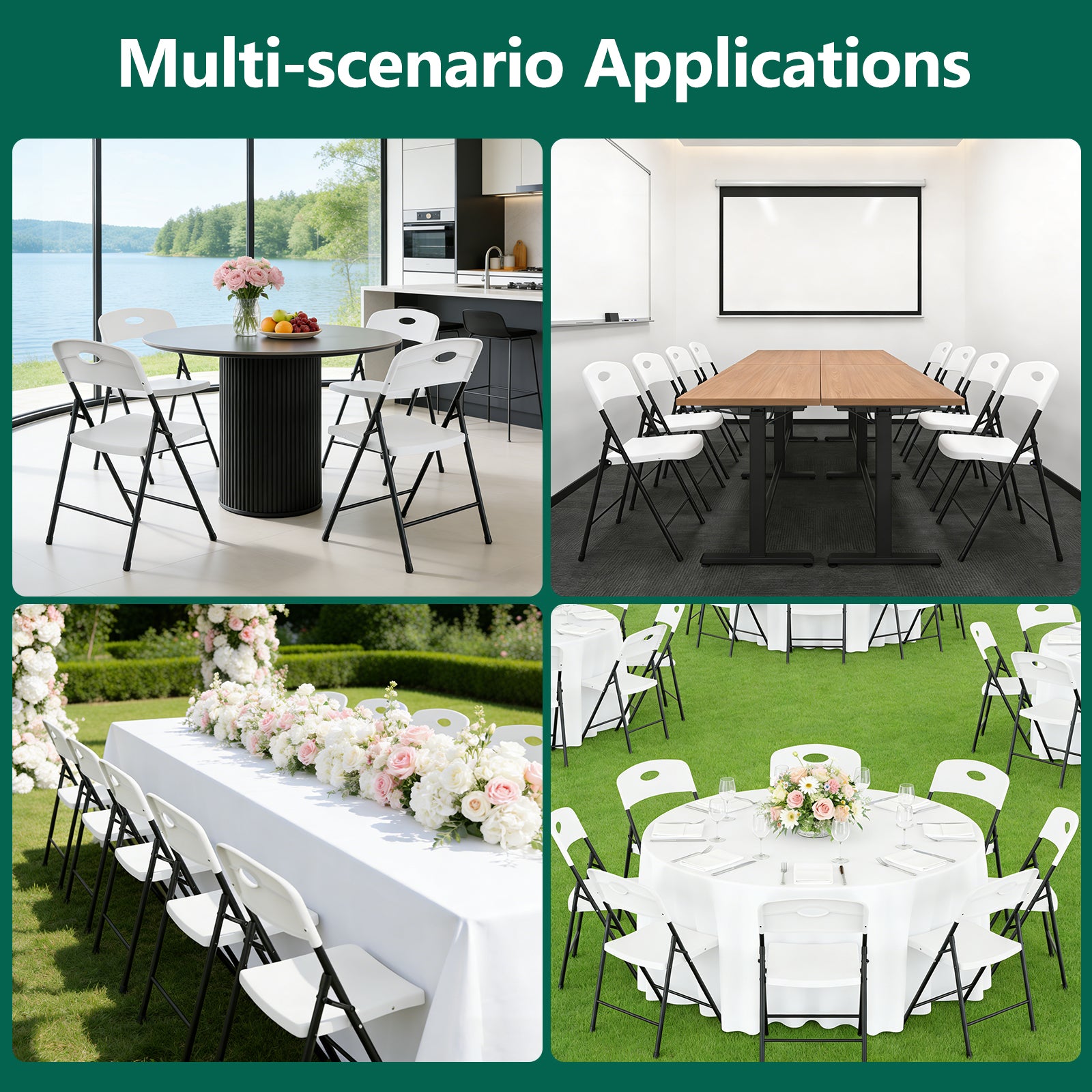 WASUHE White Folding Chairs with Enhanced Iron Frame, Stackable Plastic Folding Chairs for Outside, Indoor, Party, Wedding, Meeting Room, Patio and Garden, Weight Capacity 350 lbs