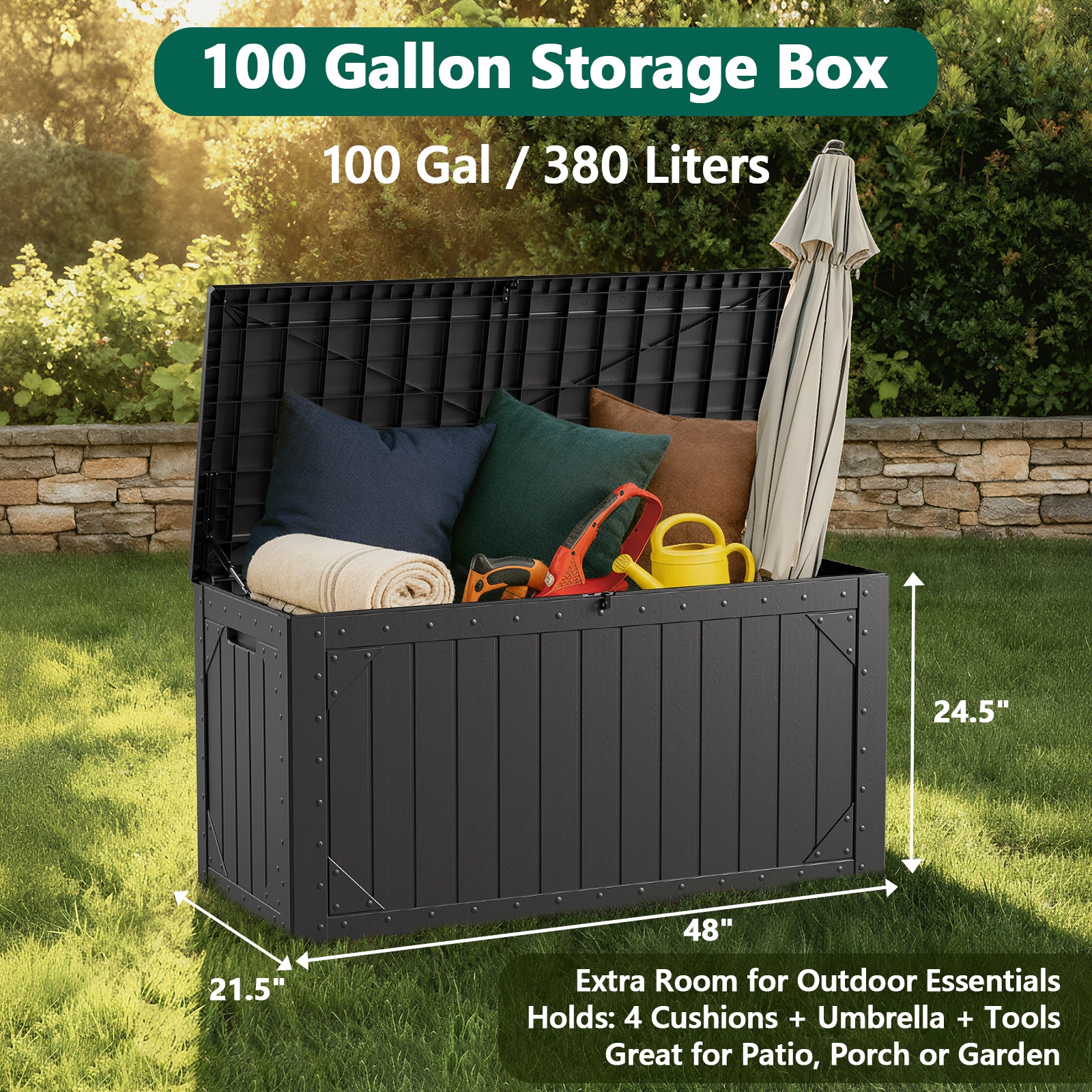 WASUHE 100 Gallon Large Deck Boxes Outdoor Waterproof, Lockable Patio Storage Box for Furniture,Pool Float, Garden Tools, Waterproof Outdoor Storage Cabinet, UV Resistant