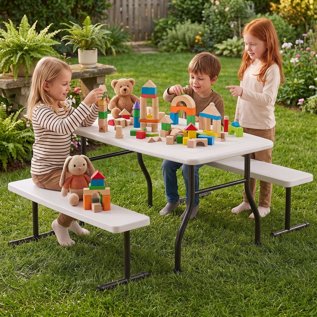HAIMULI 38.2 Inch Picnic Table with 2 Benches, Durable All-Weather Steel Frame, Stable & Easy to Clean, Portable Camping Table and Chairs for Outdoor & Indoor Use