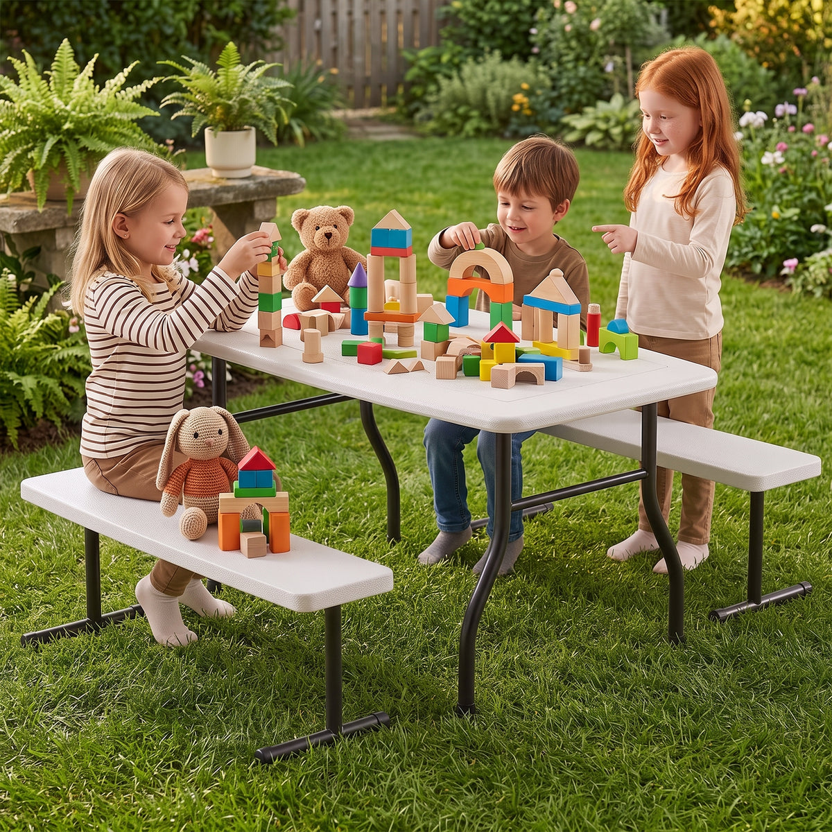 HAIMULI 38.2 Inch Picnic Table with 2 Benches, Durable All-Weather Steel Frame, Stable & Easy to Clean, Portable Camping Table and Chairs for Outdoor & Indoor Use