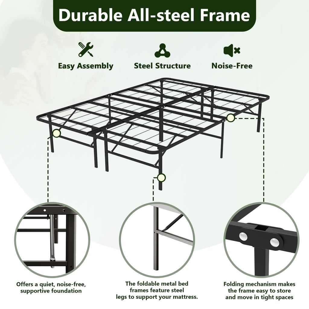 WASUHE 14" Height Full Bed Frame, Heavy-Duty Foldable Metal Bed Frame with Underbed Storage, No Box Spring Needed - Quiet & Easy to Assemble, Ideal for Bedrooms, Apartment & Dorm Rooms, Black