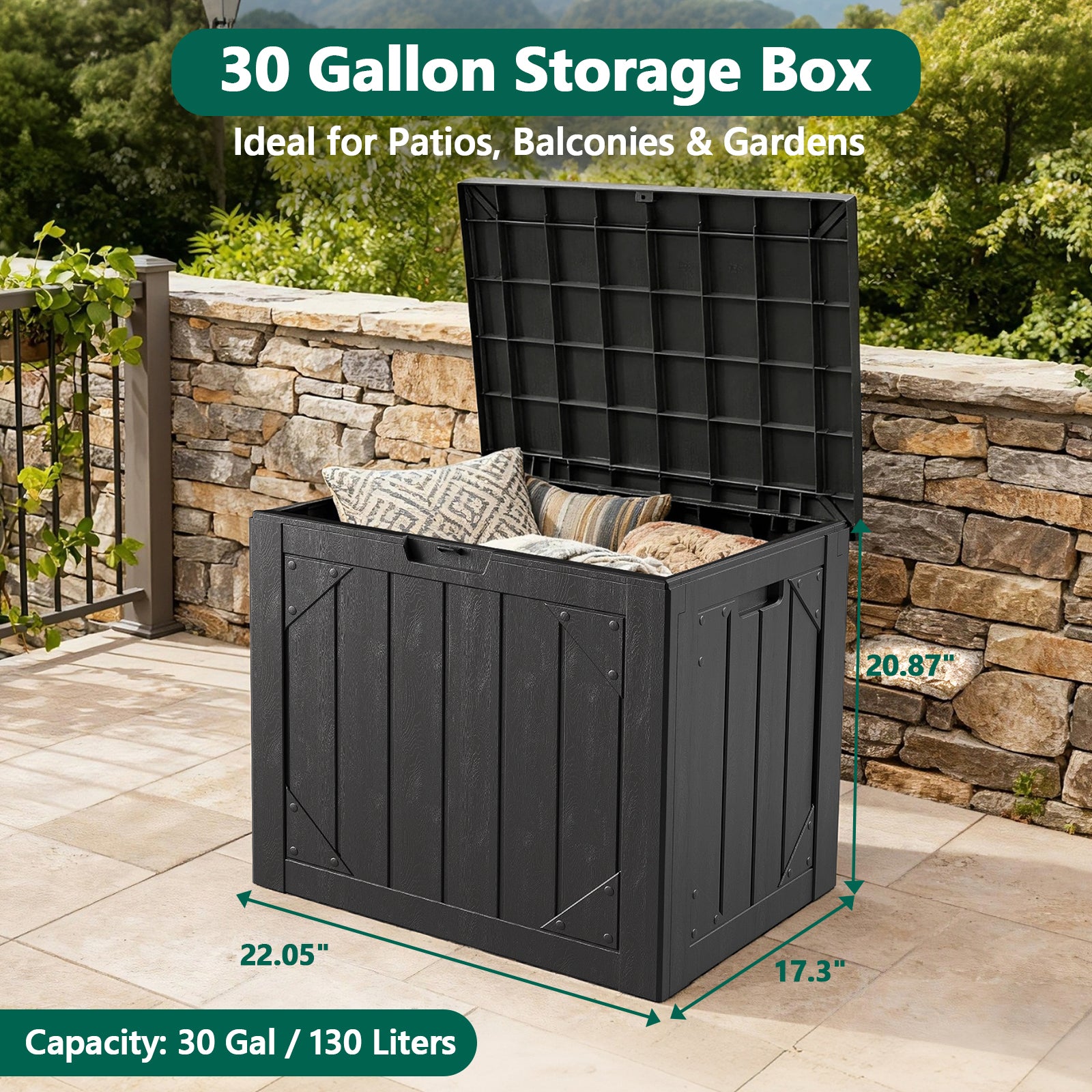 WASUHE 30 Gallon Resin Deck Box Waterproof Small Outdoor Storage Box for Patio Furniture Pool Accessories Indoor Storage for Cushion Garden Tools, UV Resistant, Lockable
