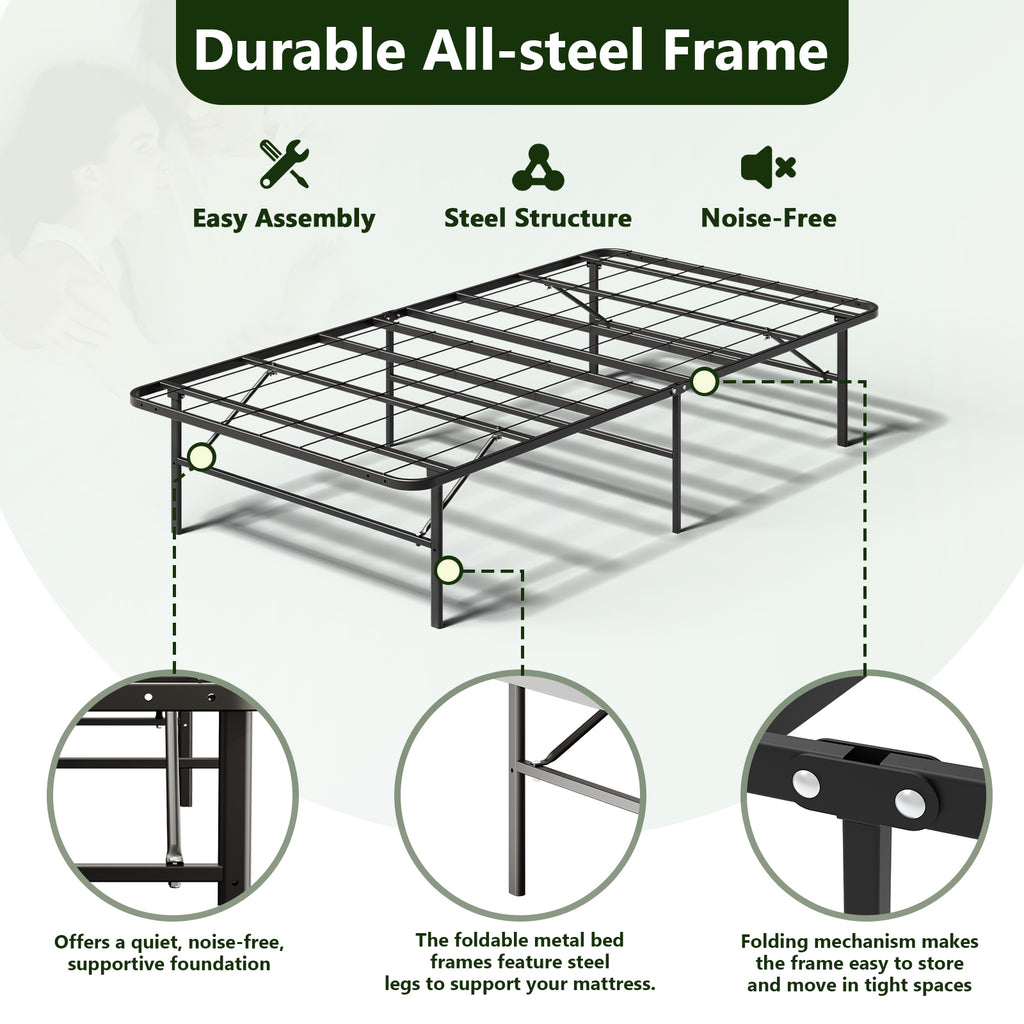 WASUHE 14" Height Twin Bed Frame, Heavy-Duty Foldable Metal Bed Frame with Underbed Storage, No Box Spring Needed - Quiet & Easy to Assemble , Ideal for Bedrooms, Apartment & Dorm Rooms, Black