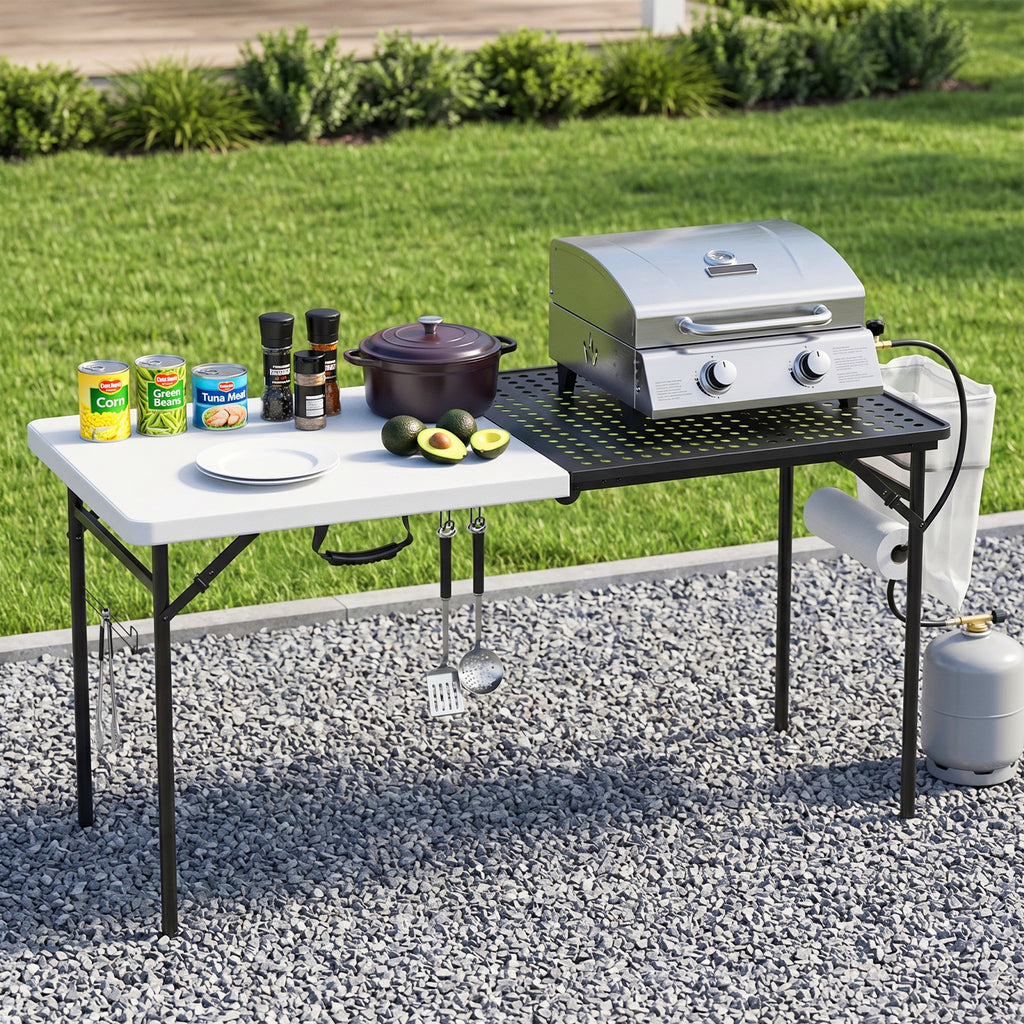 WASUHE 5FT Folding Grill Table, Portable Camping Table with Metal Grid & Tool Hooks, Ideal for BBQ, Picnic & RV Use, Space-Saving Design, Black