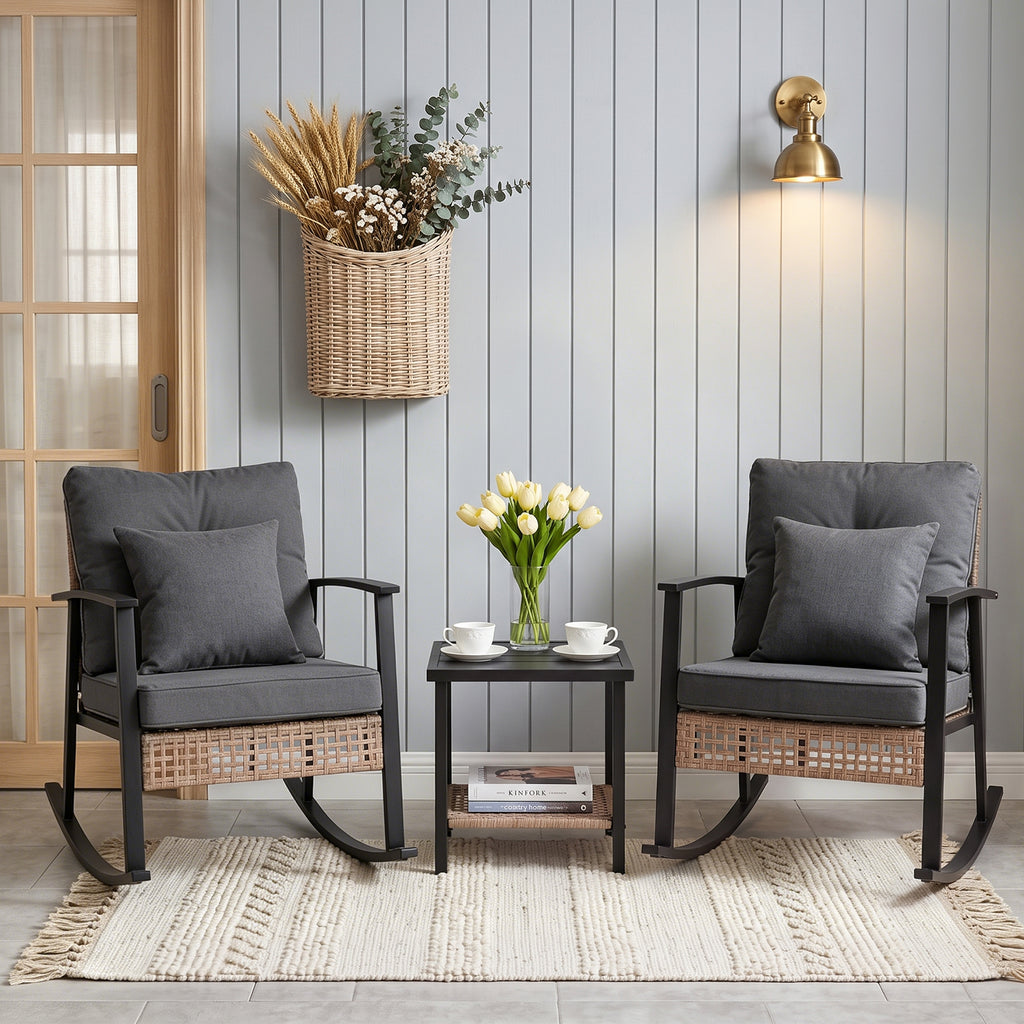 HAIMULI 3 Pieces Outdoor Wicker Rocking Chair Set, Patio Rattan Rocker Chair with Cushions & Steel Frame, All-Weather Rocking Lawn Wicker Furniture for Garden Backyard Porch (Gray)