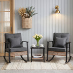 HAIMULI 3 Pieces Outdoor Wicker Rocking Chair Set, Patio Rattan Rocker Chair with Cushions & Steel Frame, All-Weather Rocking Lawn Wicker Furniture for Garden Backyard Porch (Gray)