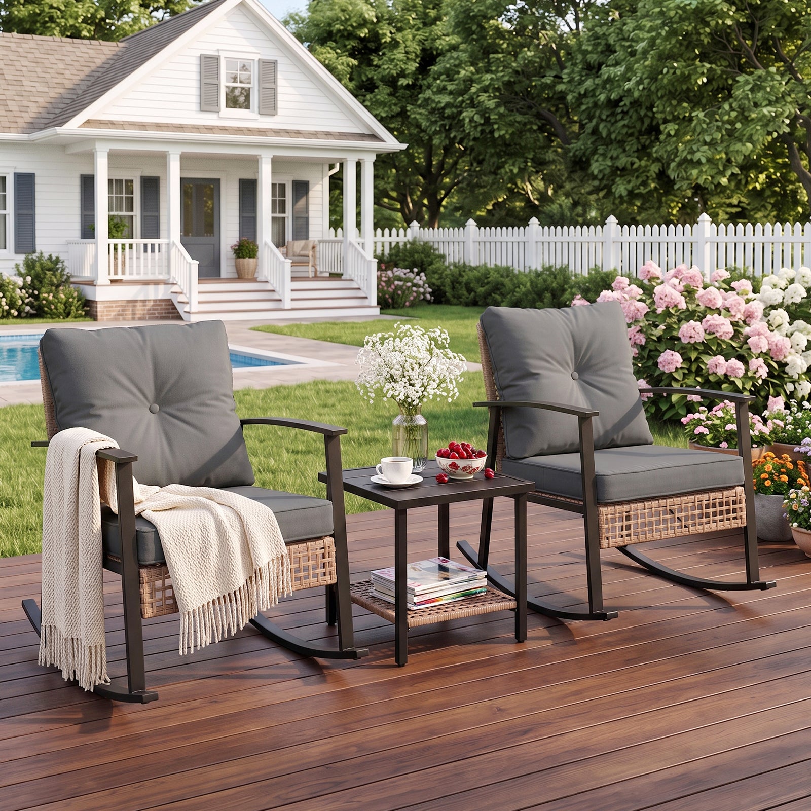 WASUHE 3 PCS Wicker Rocking Chair with Thick Cushions, Ergonomic Back Armrest Rocker Chairs for Porch Backyard Lawn Garden, Beige