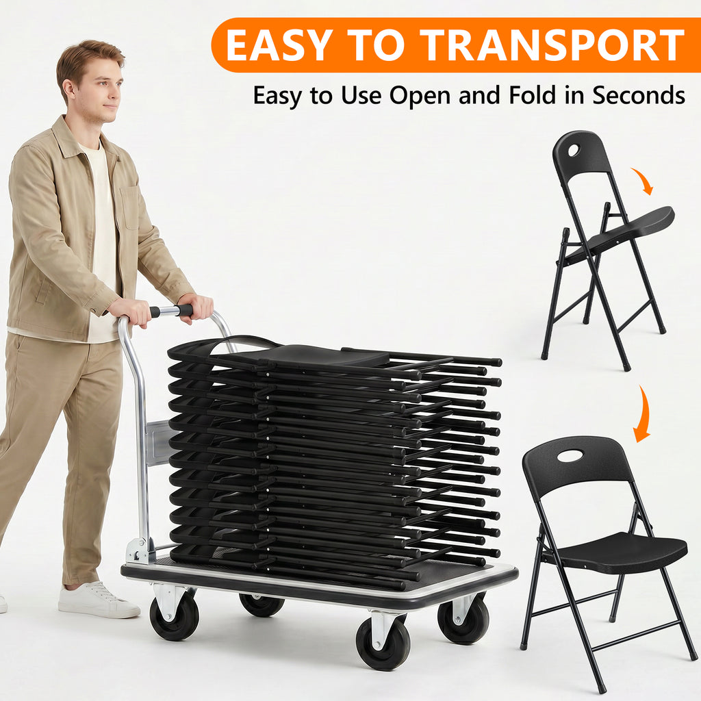 6 Pack Plastic Folding Chair, Sturdy Metal Folding Chairs for Outside Indoor, Portable 350 lbs Capacity Heavy Duty Stackable Commercial Seating for Picnic, Party, Patio (Black)
