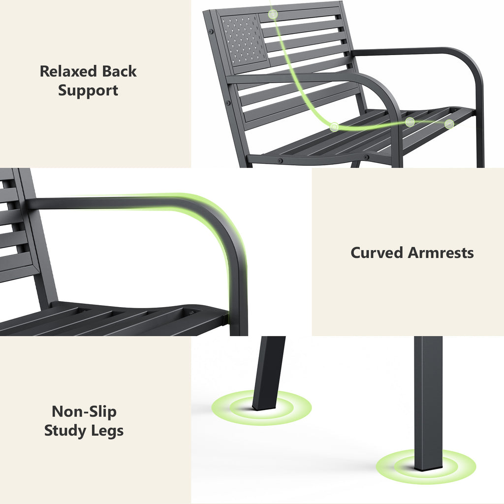 HAIMULI Anti-Rust Metal Bench Garden Bench with Back, All Weather Resistant Porch Benches for Outdoor Cast Iron Steel Frame Chair Waterproof, Black, 500 lbs