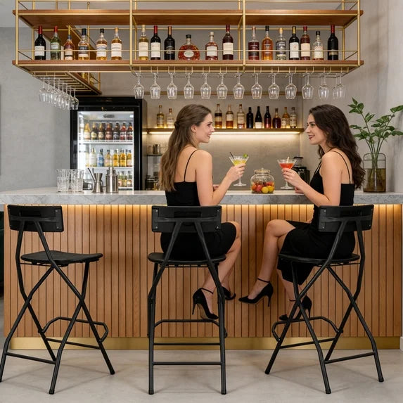WLLJOY Black Folding Bar Stool with Backrest, Blow-molded/Metal Frame, Durable and Sturdy Folding Chair for Indoor/Outdoor Kitchen Shop Cafe