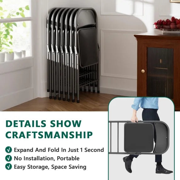 HaiNova 6 Pack Folding Chairs with Comfortable Cushion, Leather Padded Cushion Chair with Stainless Steel Frame for Home and Office, Gatherings, Black
