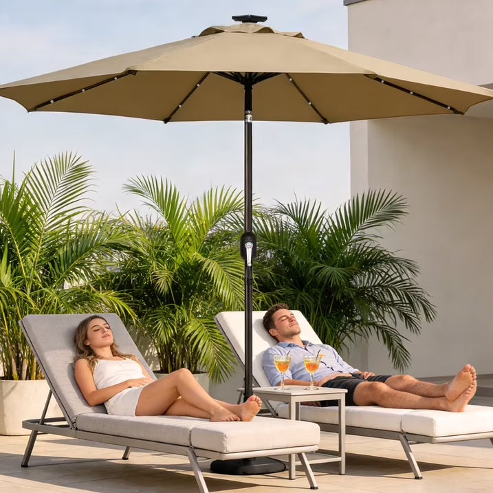 HaiNova 9ft Solar Patio Umbrella, Tilt Adjustment LED Outdoor Umbrella with 8 Reinforced Ribs for Garden, Backyard, Pool, Deep Blue