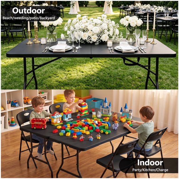 HaiNova 5ft Folding Table, Portable Heavy Duty Picnic Table with Portable Handle, Durable, Suitable for Dinner, Wedding, Camping, Black.