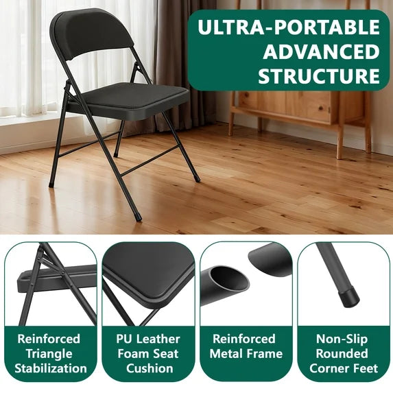 HaiNova 6 Pack Folding Chairs with Comfortable Cushion, Leather Padded Cushion Chair with Stainless Steel Frame for Home and Office, Gatherings, Black