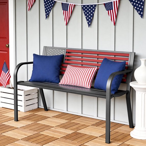 HaiNova Metal Outdoor Bench, 47in Patio Garden Benches with National Flag Pattern Backrest for Backyard, Lawn, Deck, Porch, Park, Red