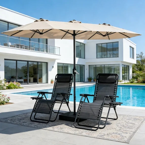 HaiNova 15Ft Large Outdoor Double-Sided Rectangle Umbrella with Base-Mounted, Foldable And Portable Sunshade For Pool, Beaches And Patio, Khaki