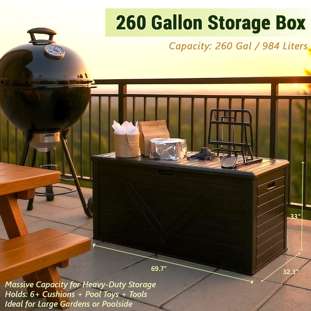 WASUHE 260 Gallon Outdoor Storage Box, Large Resin Deck Boxes Outdoor Waterproof, Deck Storage Box for Patio Furniture Outdoor Cushions, Throw Pillows, Garden Tools and Pool Floats, Black