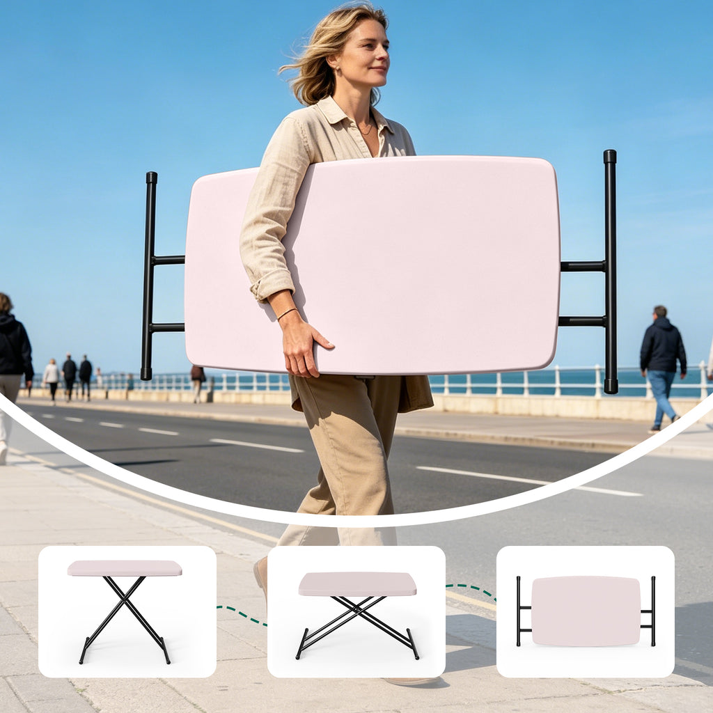 HAIMULI 30 Inch Folding Table TV Tray, Portable Adjustable Height, X-shaped Frame Portable Work Table, Utility Foldable Desk for Small Spaces, Laptop & Couch, Camping, Pink