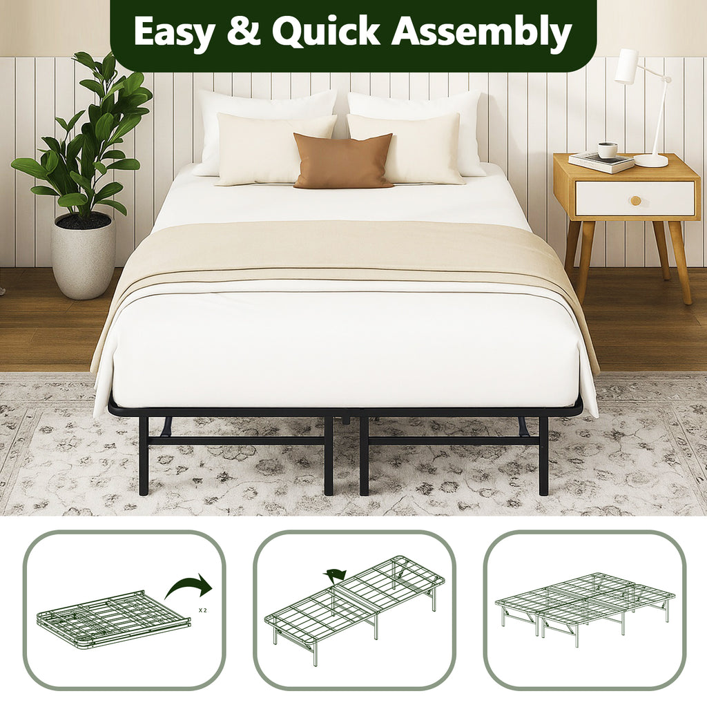 WASUHE 14" Height Queen Bed Frame, Heavy Duty Foldable Metal Platform Bed Frame with Underbed Storage for Bedrooms, No Box Spring Needed, Black