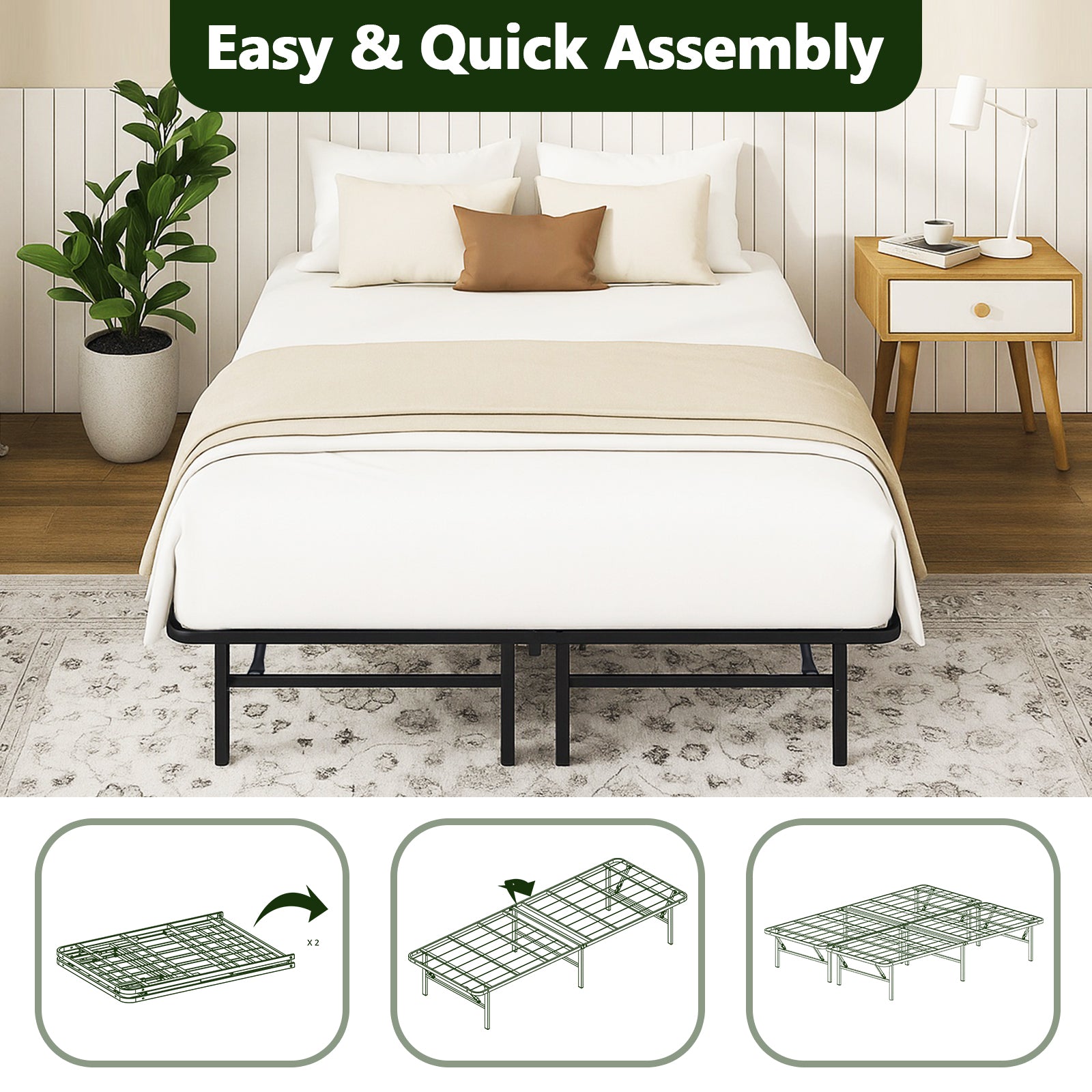 WASUHE 14" Height Queen Bed Frame, Heavy Duty Foldable Metal Platform Bed Frame with Underbed Storage for Bedrooms, No Box Spring Needed, Black