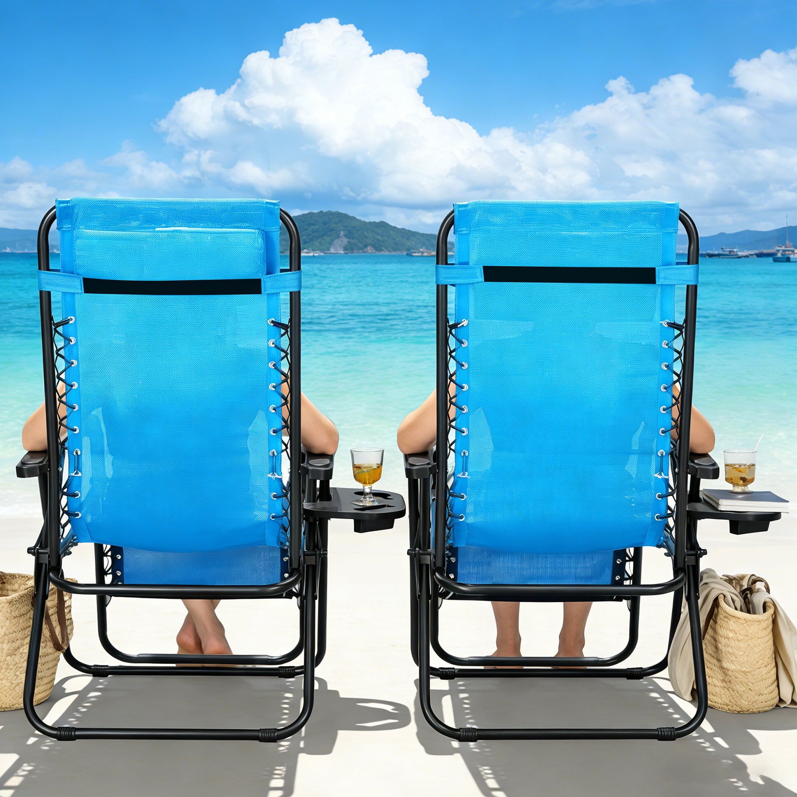 Zero Gravity Chair Set of 2 with Cup Holder & Removable Pillows, Adjustable Reclining Outdoor Patio Folding Chairs, Portable Lounge Chair for Poolside, Lawn, Beach, Camping