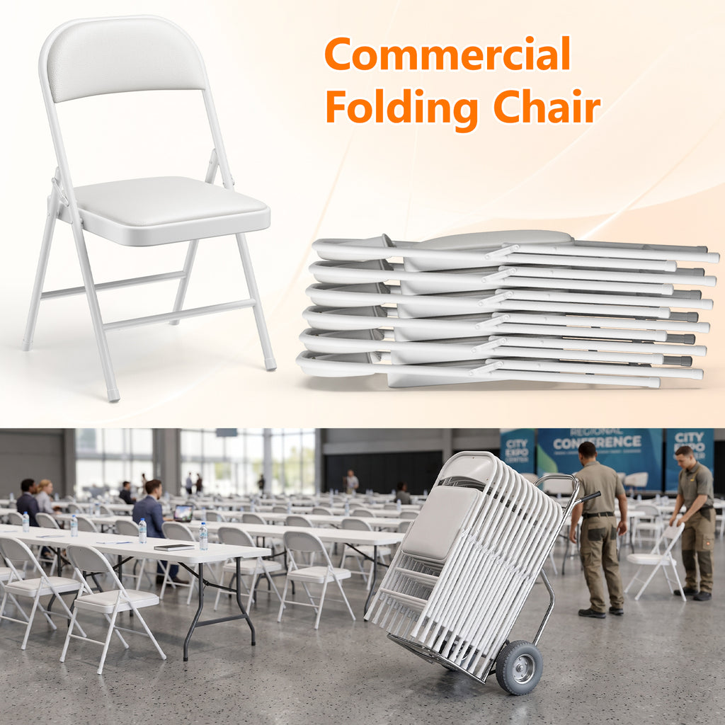 2 Pack Folding Chairs with PU Leather Padded Cushion and Back, Stackable Commercial Grade Metal Folding Chairs for Home and Office Indoor and Outdoor Events (White)