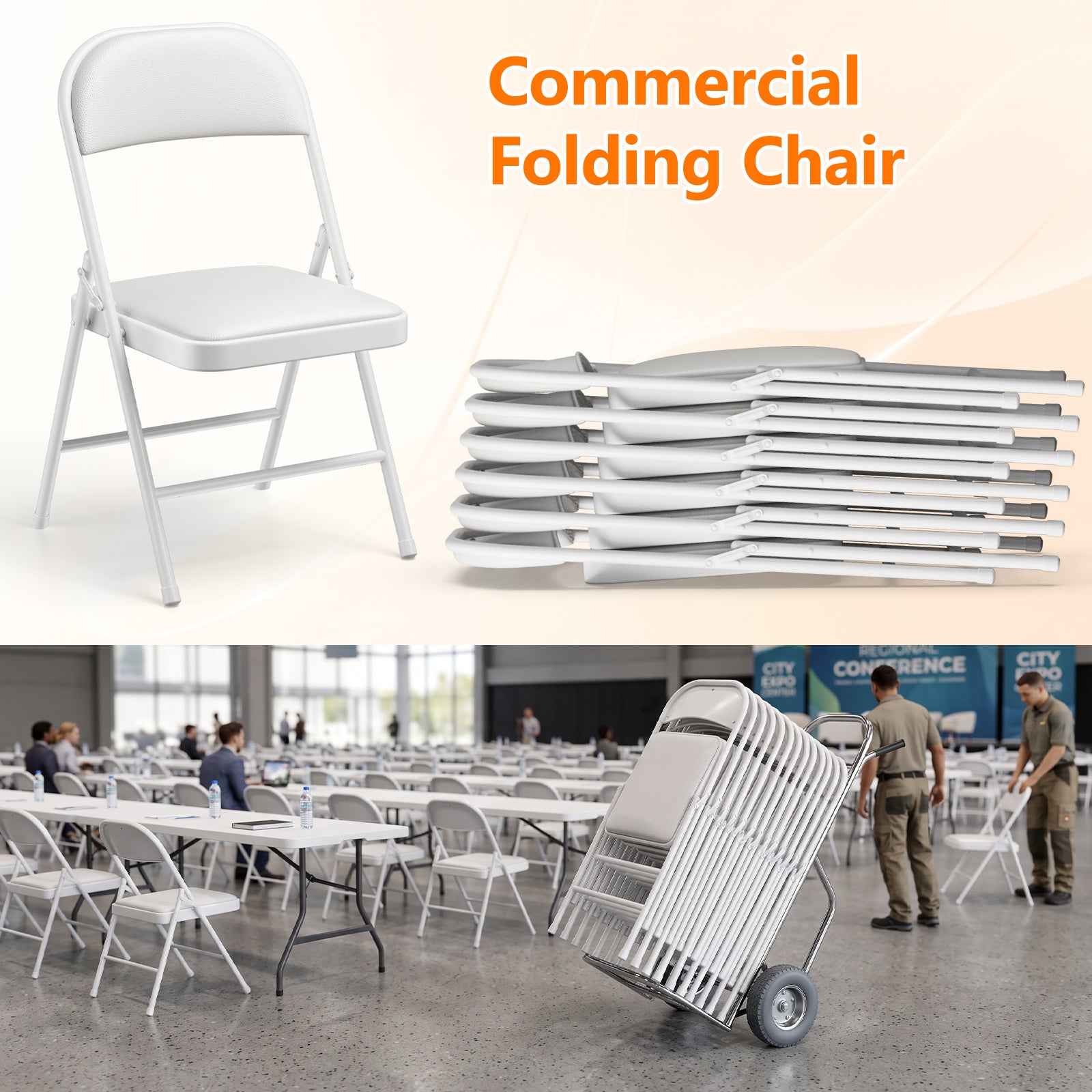 2 Pack Folding Chairs with PU Leather Padded Cushion and Back, Stackable Commercial Grade Metal Folding Chairs for Home and Office Indoor and Outdoor Events (White)