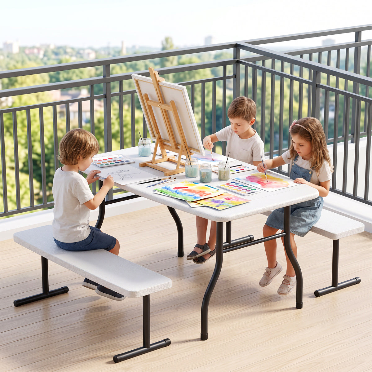 HAIMULI 38.2 Inch Picnic Table with 2 Benches, Durable All-Weather Steel Frame, Stable & Easy to Clean, Portable Camping Table and Chairs for Outdoor & Indoor Use