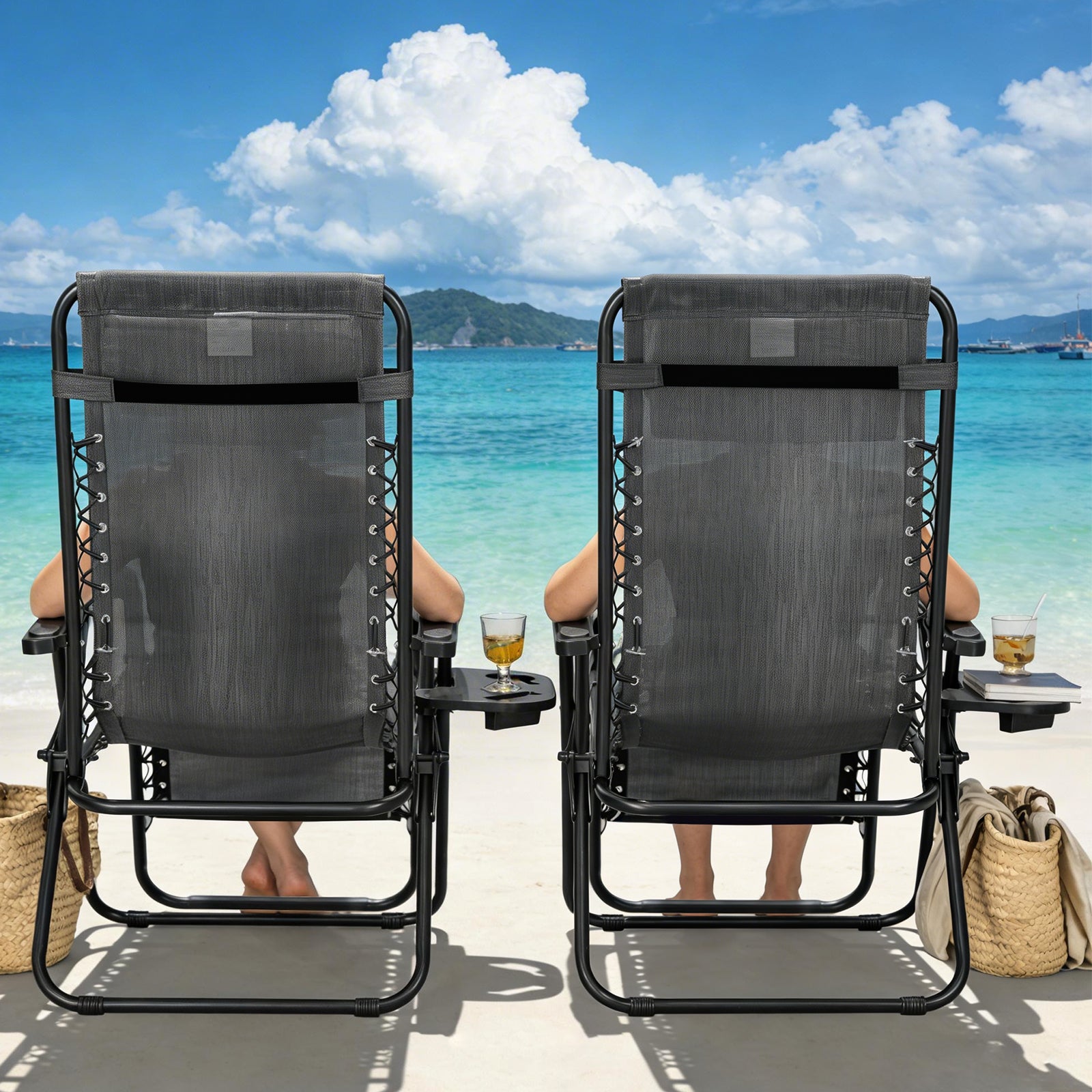 Zero Gravity Chair Set of 2 with Cup Holder & Removable Pillows, Adjustable Reclining Outdoor Patio Folding Chairs, Portable Lounge Chair for Poolside, Lawn, Beach, Camping