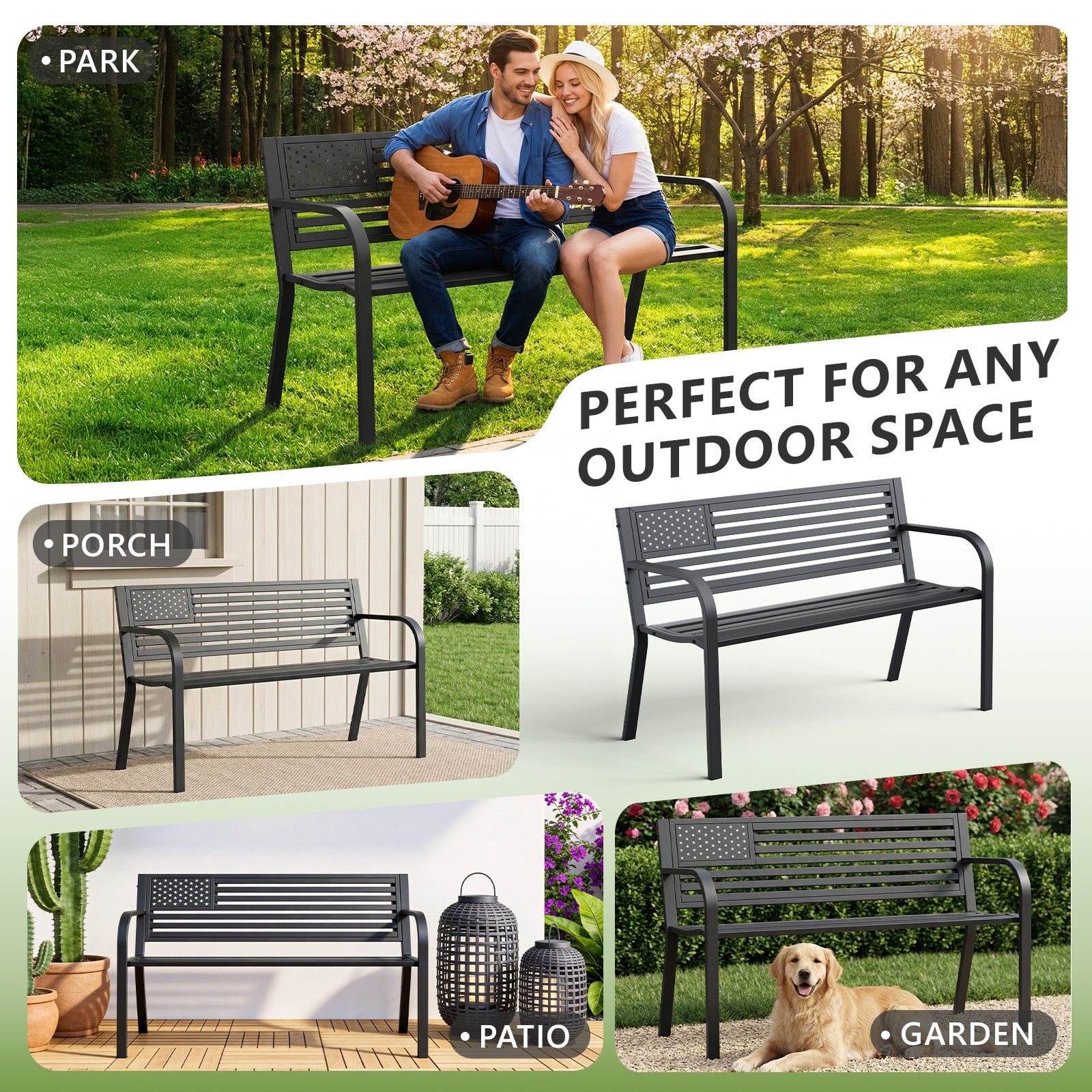 HAIMULI Anti-Rust Metal Bench Garden Bench with Back, All Weather Resistant Porch Benches for Outdoor Cast Iron Steel Frame Chair Waterproof, Black, 500 lbs