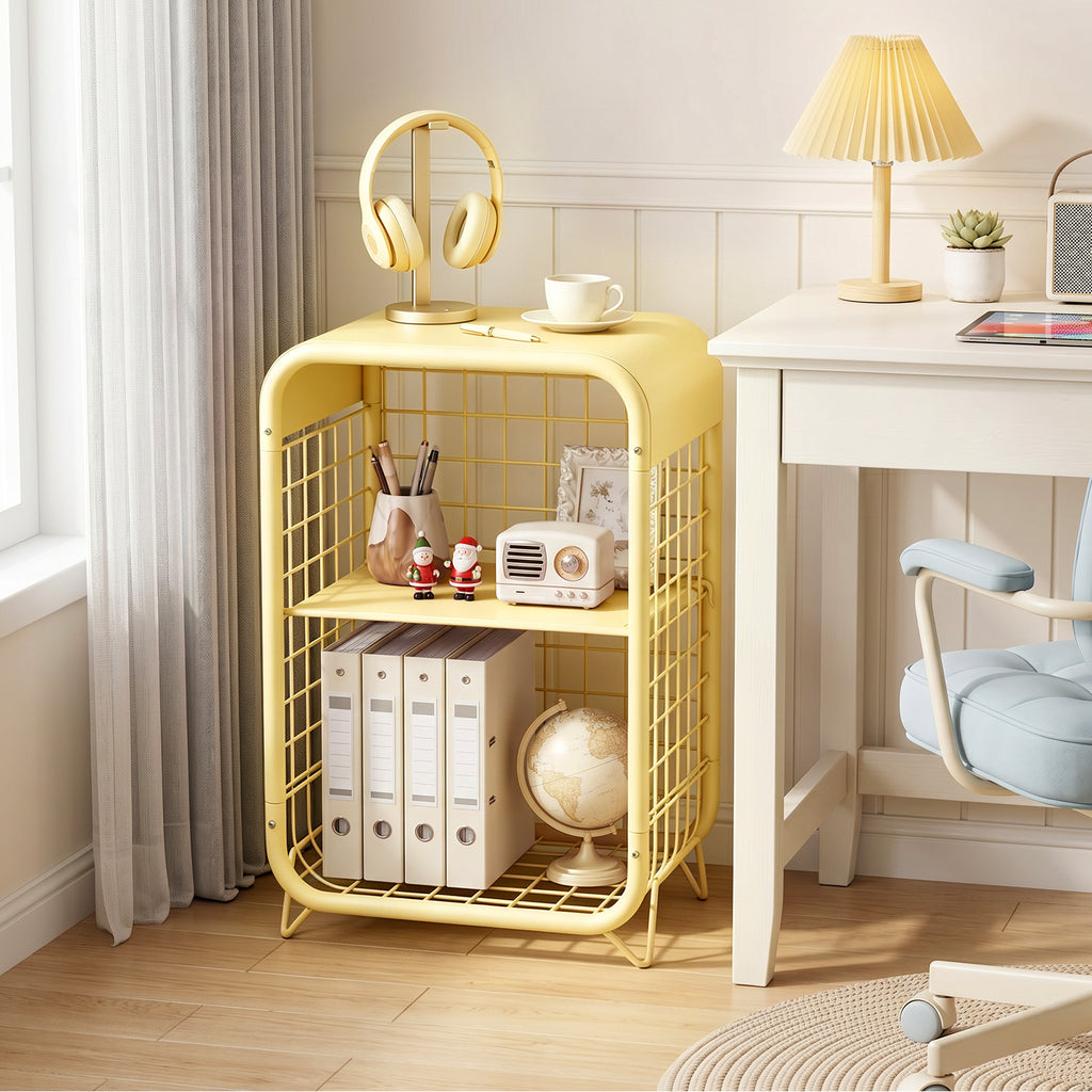 HAIMULI Nightstand with Storage, 3-Tier Open Shelf End Table, Hollow-out Design Metal Nightstand for Living Room, Bedroom, Narrow Bedside Table, Modern Room Decor Furniture, Yellow