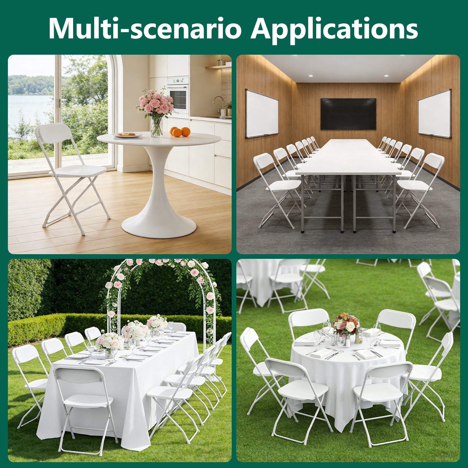 WASUHE 10 Pack White Plastic Folding Chairs, Indoor Outdoor Portable Stackable Commercial Chairs with Non-slip Design, 350lbs Capacity, Indoor Outdoor for Events Wedding Party Office Dining