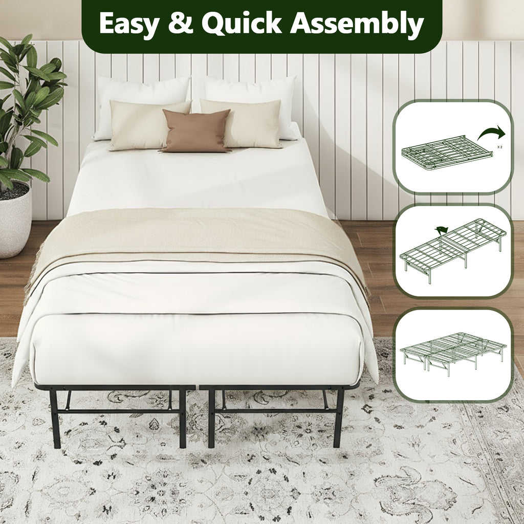 WASUHE 14" Height Full Bed Frame, Heavy-Duty Foldable Metal Bed Frame with Underbed Storage, No Box Spring Needed - Quiet & Easy to Assemble, Ideal for Bedrooms, Apartment & Dorm Rooms, Black