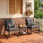 HAIMULI 3 Pieces Outdoor Wicker Rocking Chair Set, Patio Rattan Rocker Chair with Cushions & Steel Frame, All-Weather Rocking Lawn Wicker Furniture for Garden Backyard Porch (Gray)