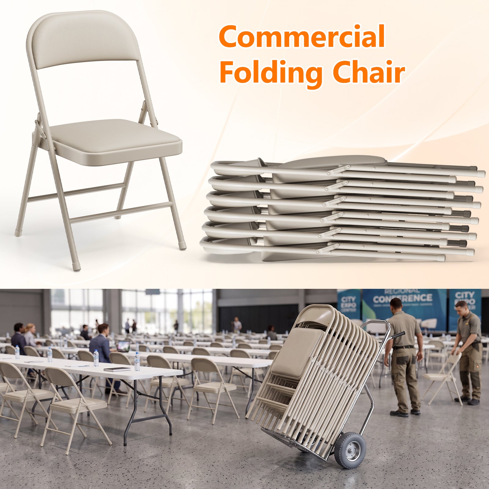 2 Pack Folding Chairs with PU Leather Padded Cushion and Back, Stackable Commercial Grade Metal Folding Chairs for Home and Office Indoor and Outdoor Events (White)