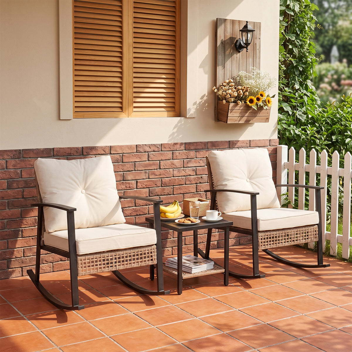 HAIMULI 3 Pieces Outdoor Wicker Rocking Chair Set, Patio Rattan Rocker Chair with Cushions & Steel Frame, All-Weather Rocking Lawn Wicker Furniture for Garden Backyard Porch (Gray)