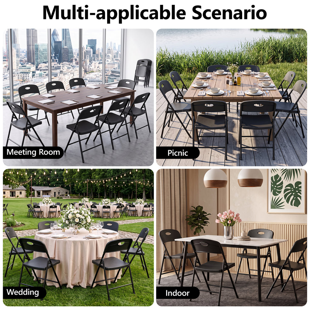 HaiNova 6PCS Black Plastic Folding Chair Set, 400-Pound Portable Waterproof and Wear-Resistant Folding Chair with Steel Frame, Suitable for Parties, Picnics, Weddings and Business.