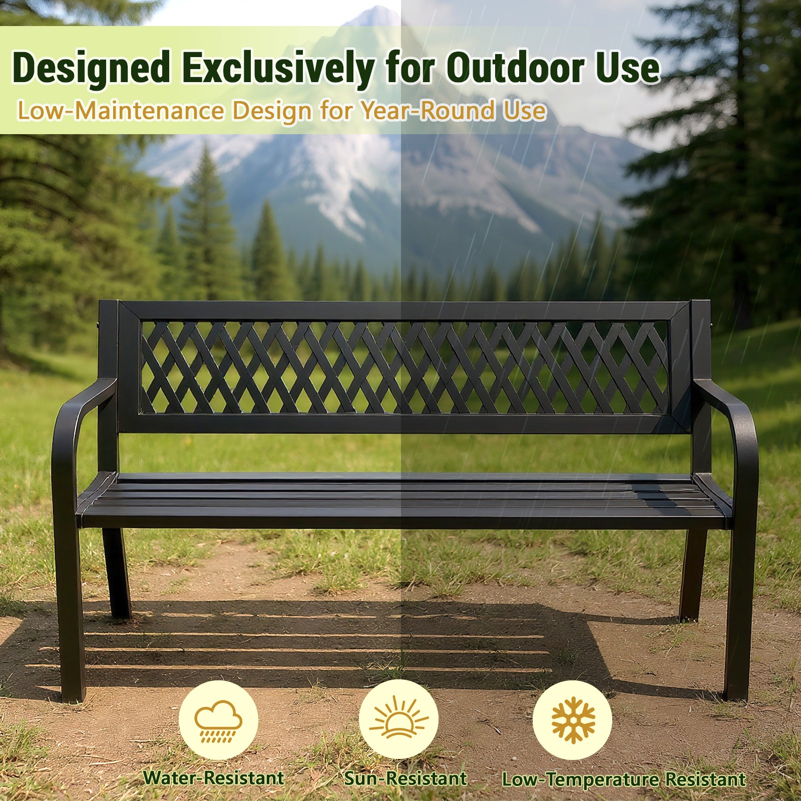HAIMULI Anti-Rust Metal Bench Garden Bench with Back, All Weather Resistant Porch Benches for Outdoor Cast Iron Steel Frame Chair Waterproof, Black, 500 lbs