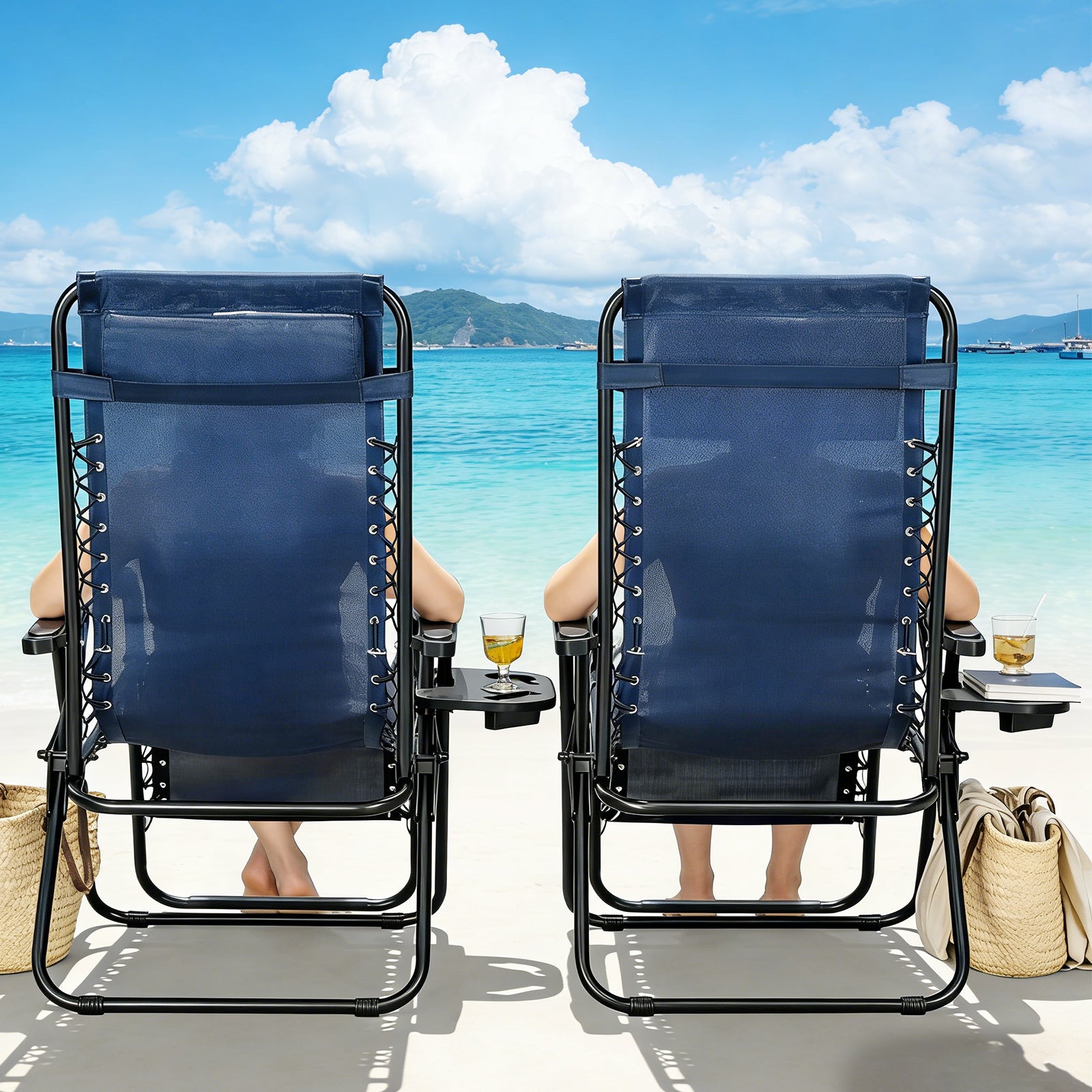 Zero Gravity Chair Set of 2 with Cup Holder & Removable Pillows, Adjustable Reclining Outdoor Patio Folding Chairs, Portable Lounge Chair for Poolside, Lawn, Beach, Camping